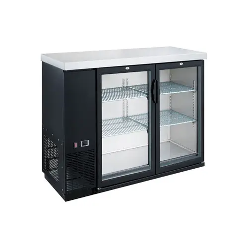 DUKERS 60 INCH BACK BAR COOLER MERCHANDISER ON CASTERS WITH 2 GLASS DOORS; 15.24 CUBIC FOOT CAPACITY; AND STAINLESS STEEL WORK TOP - ETL APPROVED