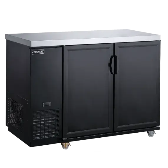 DUKERS 60 INCH BACK BAR COOLER ON CASTERS WITH 2 SOLID DOORS; 15.24 CUBIC FOOT CAPACITY; AND STAINLESS STEEL WORK TOP - ETL APPROVED