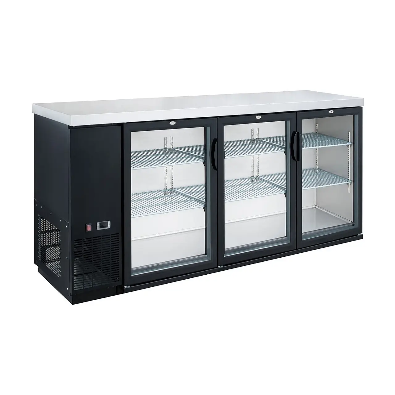 DUKERS 72 INCH BACK BAR COOLER MERCHANDISER ON CASTERS WITH 3 GLASS DOORS; 19.2 CUBIC FOOT CAPACITY; AND STAINLESS STEEL WORK TOP - ETL APPROVED