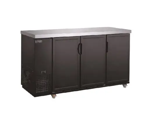 DUKERS 72 INCH BACK BAR COOLER ON CASTERS WITH 3 SOLID DOORS; 19.2 CUBIC FOOT CAPACITY; AND STAINLESS STEEL WORK TOP - ETL APPROVED