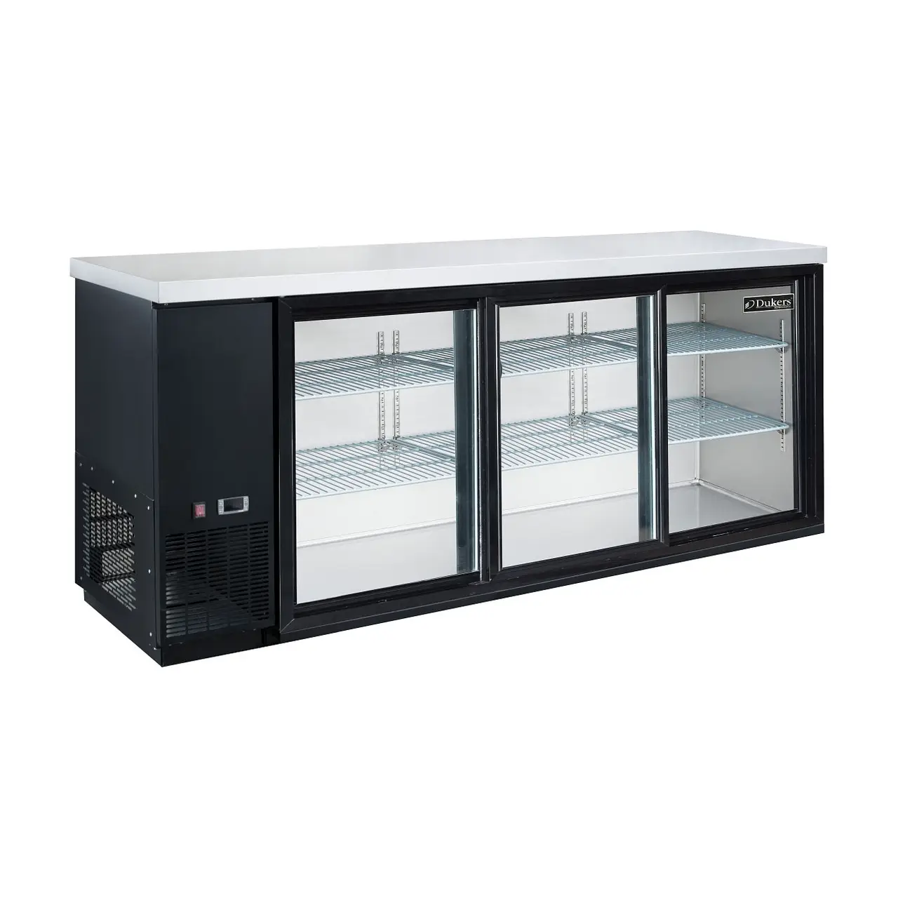 DUKERS 72 INCH BACK BAR COOLER MERCHANDISER ON CASTERS WITH 3 SLIDING GLASS DOORS; 19.2 CUBIC FOOT CAPACITY; AND STAINLESS STEEL WORK TOP - ETL APPROVED
