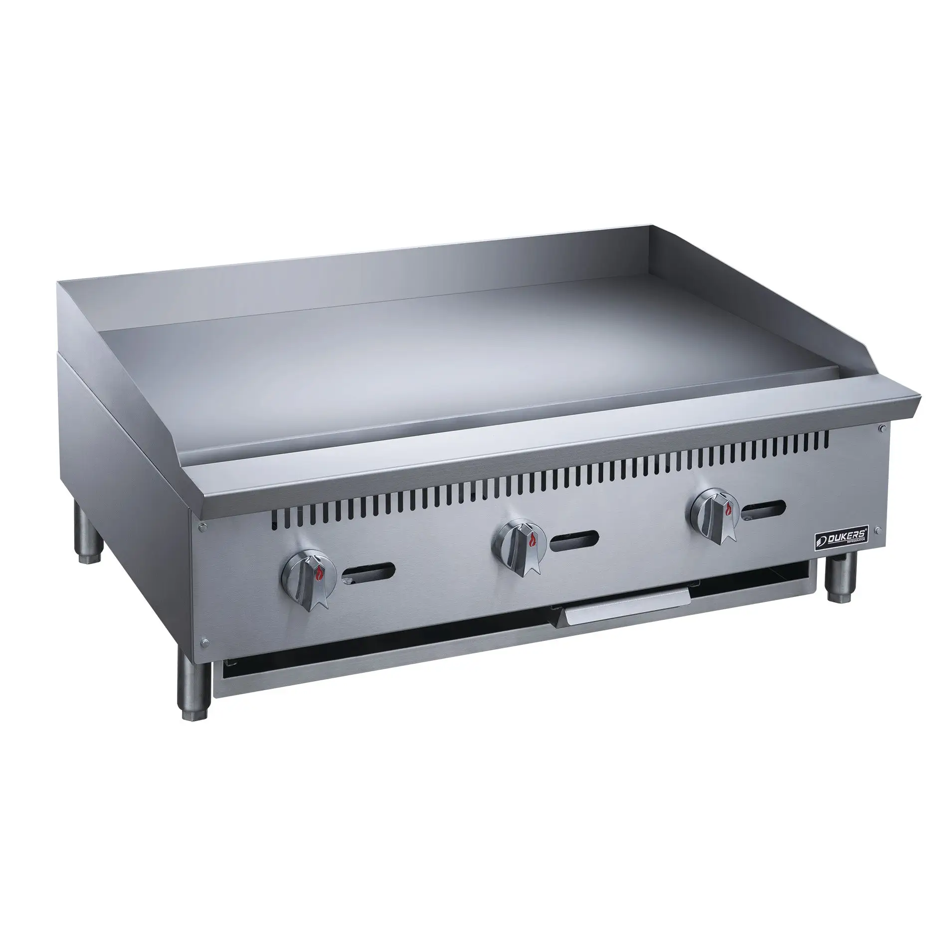 DUKERS 36 INCH COUNTERTOP GRIDDLE WITH 3/4 INCH PLATE; 3 BURNERS; AND MANUAL CONTROLS - 90000 BTU - ETL APPROVED