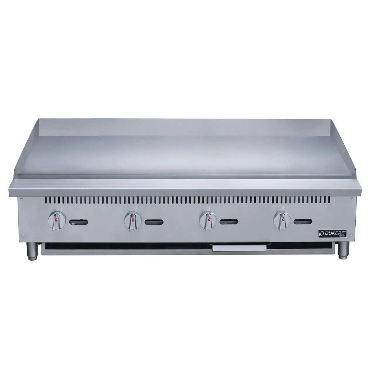 DUKERS 48 INCH COUNTERTOP GRIDDLE WITH 1 INCH PLATE; 4 BURNERS; AND MANUAL CONTROLS - 120000 BTU - ETL APPROVED