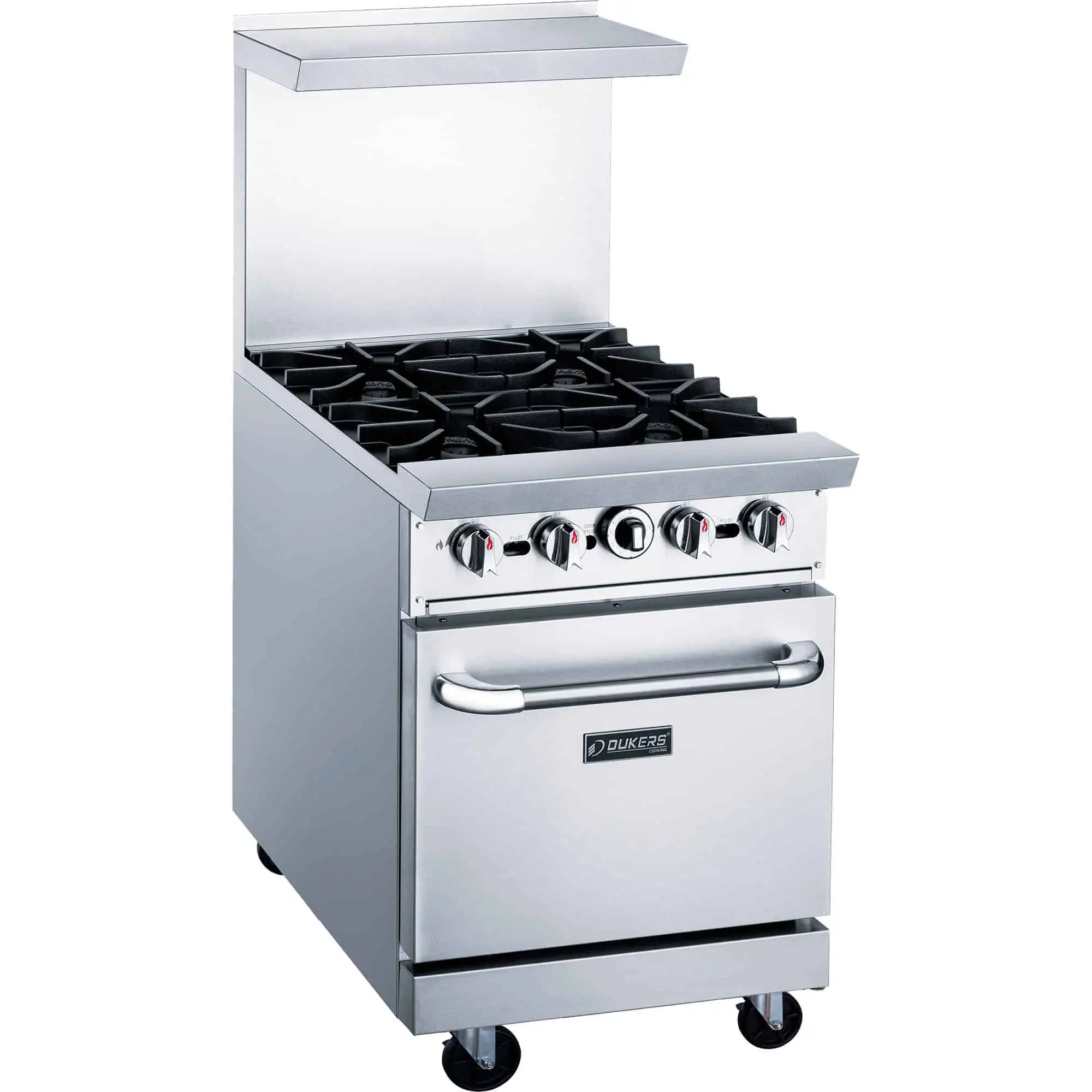 DUKERS 4 BURNER RANGE ON CASTERS WITH STANDARD OVEN AND STAINLESS STEEL OVERSHELF - ETL APPROVED