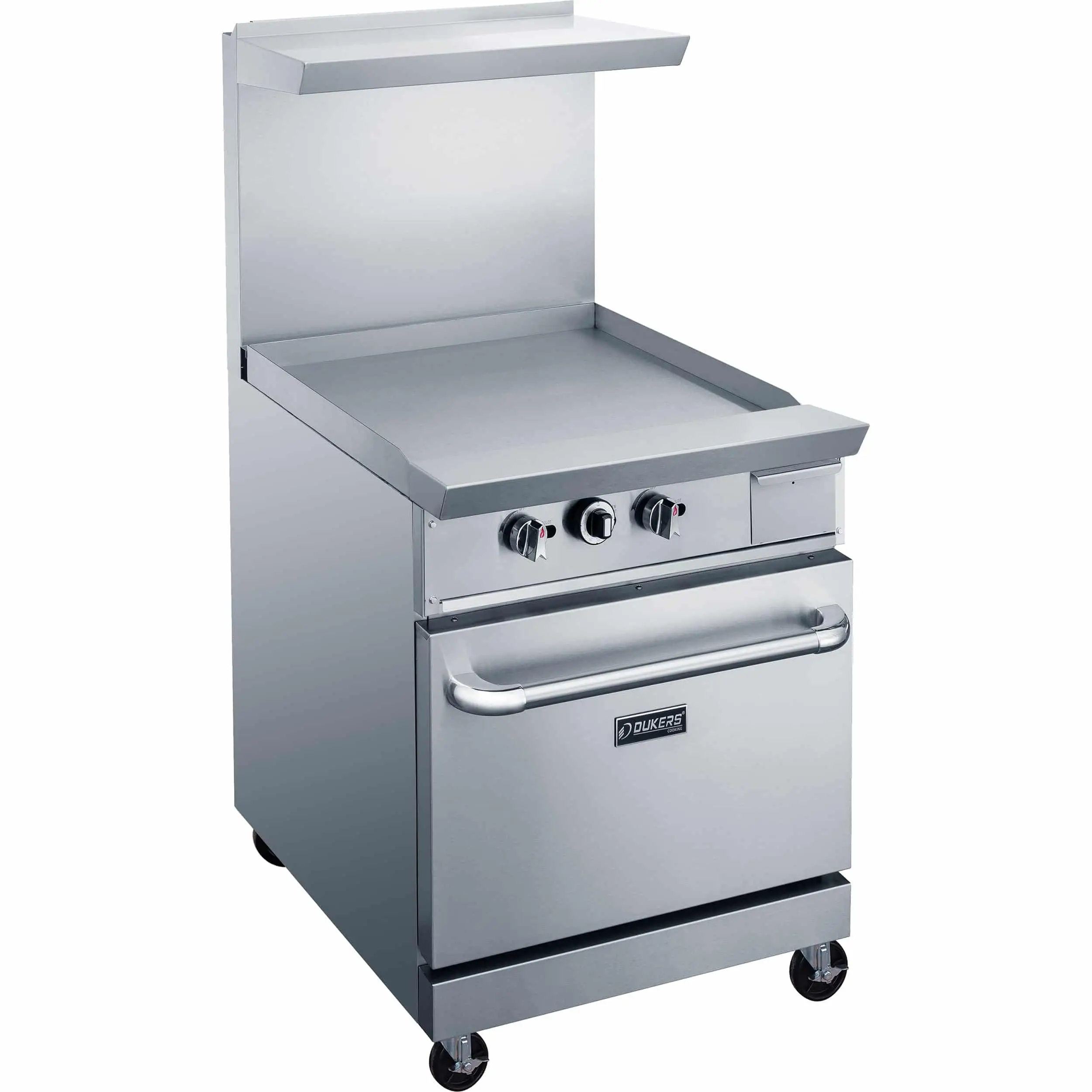 DUKERS 24 INCH GRIDDLE RANGE ON CASTERS WITH STANDARD OVEN AND STAINLESS STEEL OVERSHELF - ETL APPROVED
