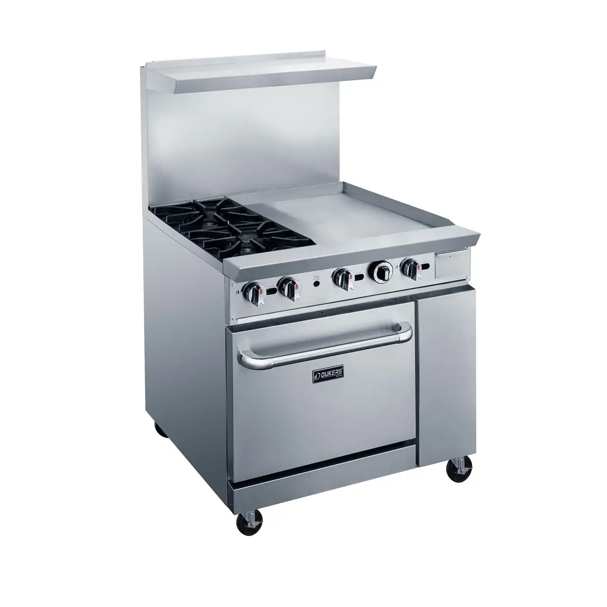 DUKERS 2 BURNER RANGE ON CASTERS WITH 24 INCH GRIDDLE ON RIGHT; STANDARD OVEN; AND STAINLESS STEEL OVERSHELF - ETL APPROVED