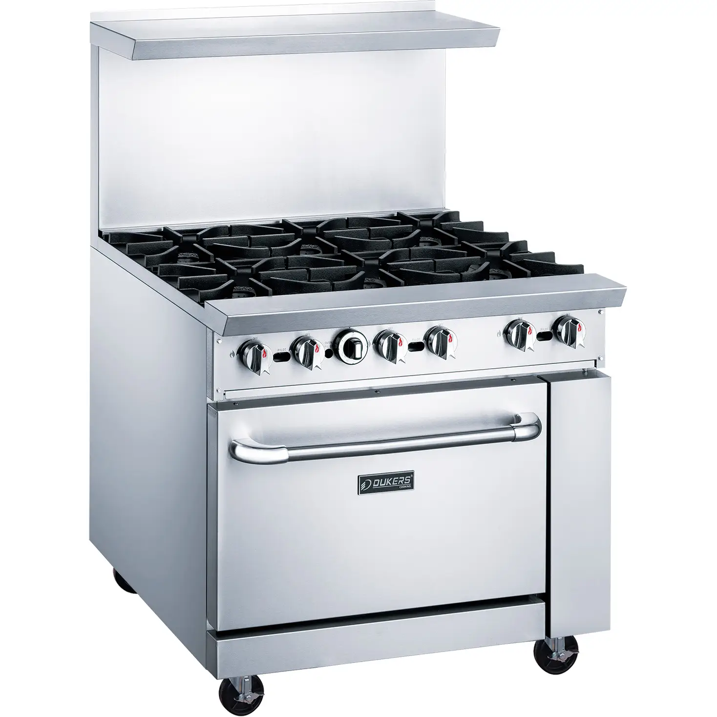 DUKERS 4 BURNER RANGE ON CASTERS WITH 12 INCH GRIDDLE ON RIGHT; STANDARD OVEN; AND STAINLESS STEEL OVERSHELF - ETL APPROVED