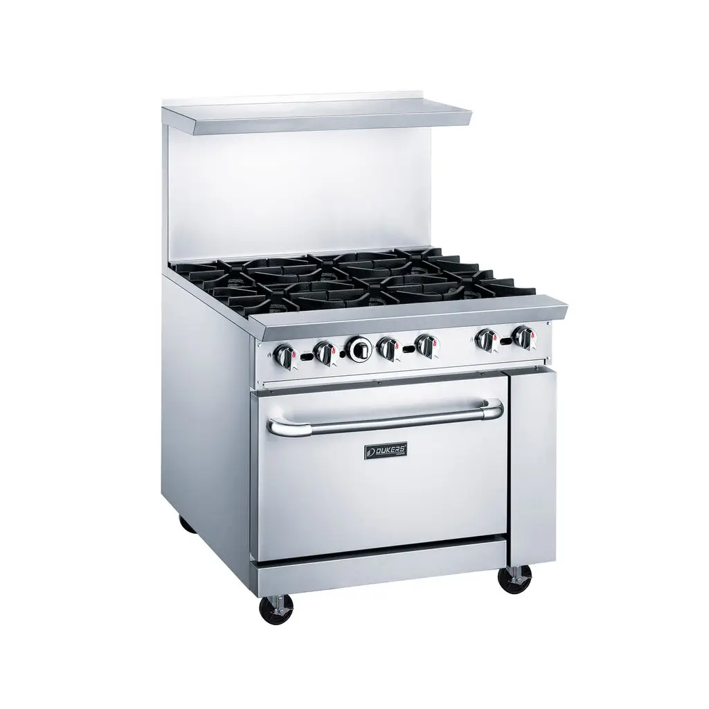 DUKERS 6 BURNER RANGE ON CASTERS WITH STANDARD OVEN AND STAINLESS STEEL OVERSHELF - ETL APPROVED