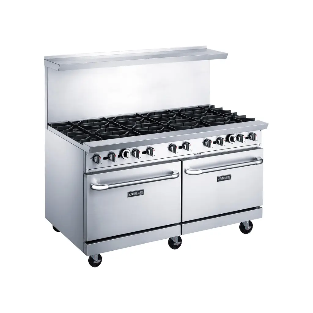 DUKERS 10 BURNER RANGE ON CASTERS WITH STANDARD OVEN AND STAINLESS STEEL OVERSHELF - ETL APPROVED