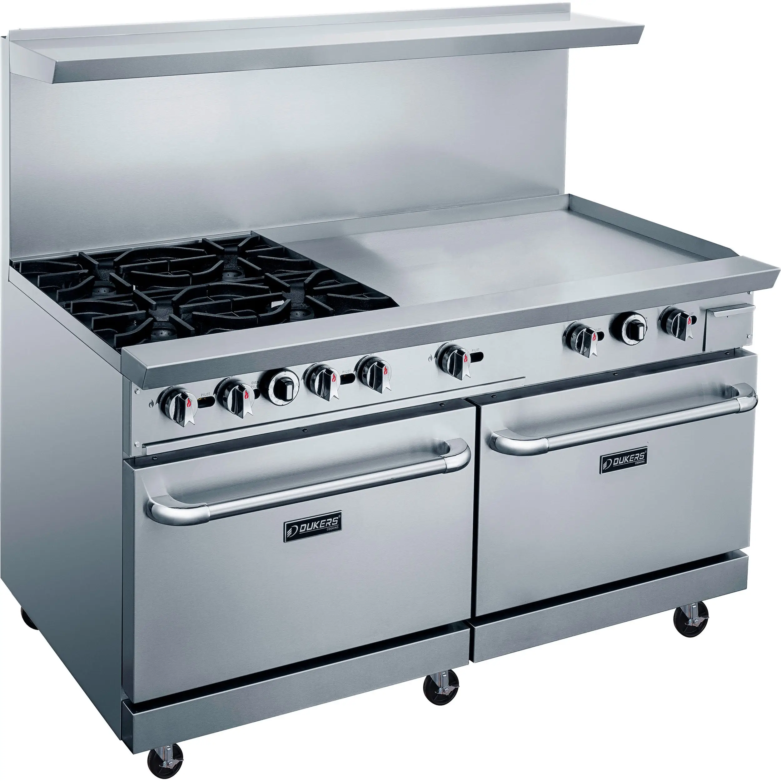 DUKERS 4 BURNER RANGE ON CASTERS WITH 36 INCH GRIDDLE ON RIGHT; STANDARD OVEN; AND STAINLESS STEEL OVERSHELF - ETL APPROVED
