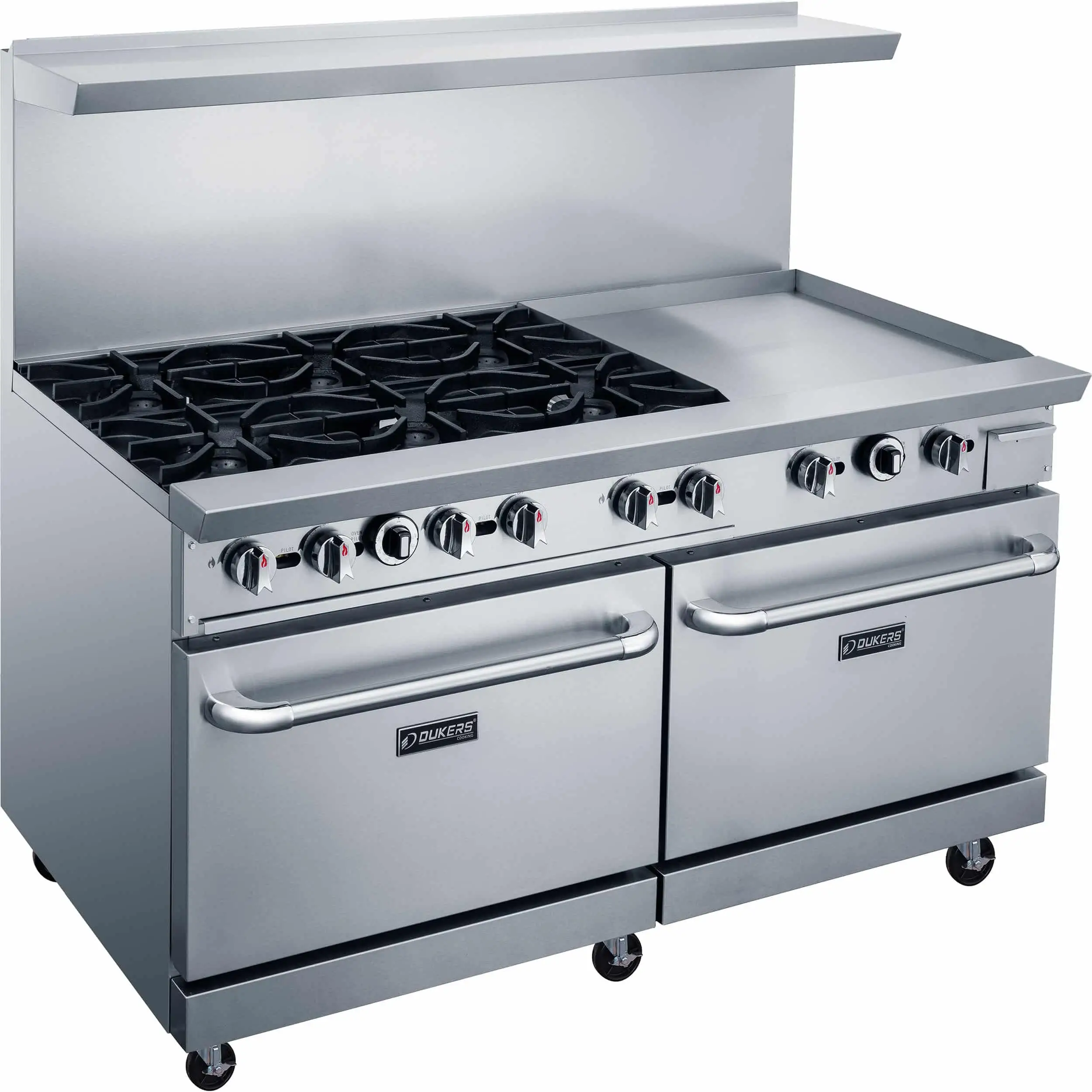 DUKERS 6 BURNER RANGE ON CASTERS WITH 24 INCH GRIDDLE ON RIGHT; STANDARD OVEN; AND STAINLESS STEEL OVERSHELF - ETL APPROVED
