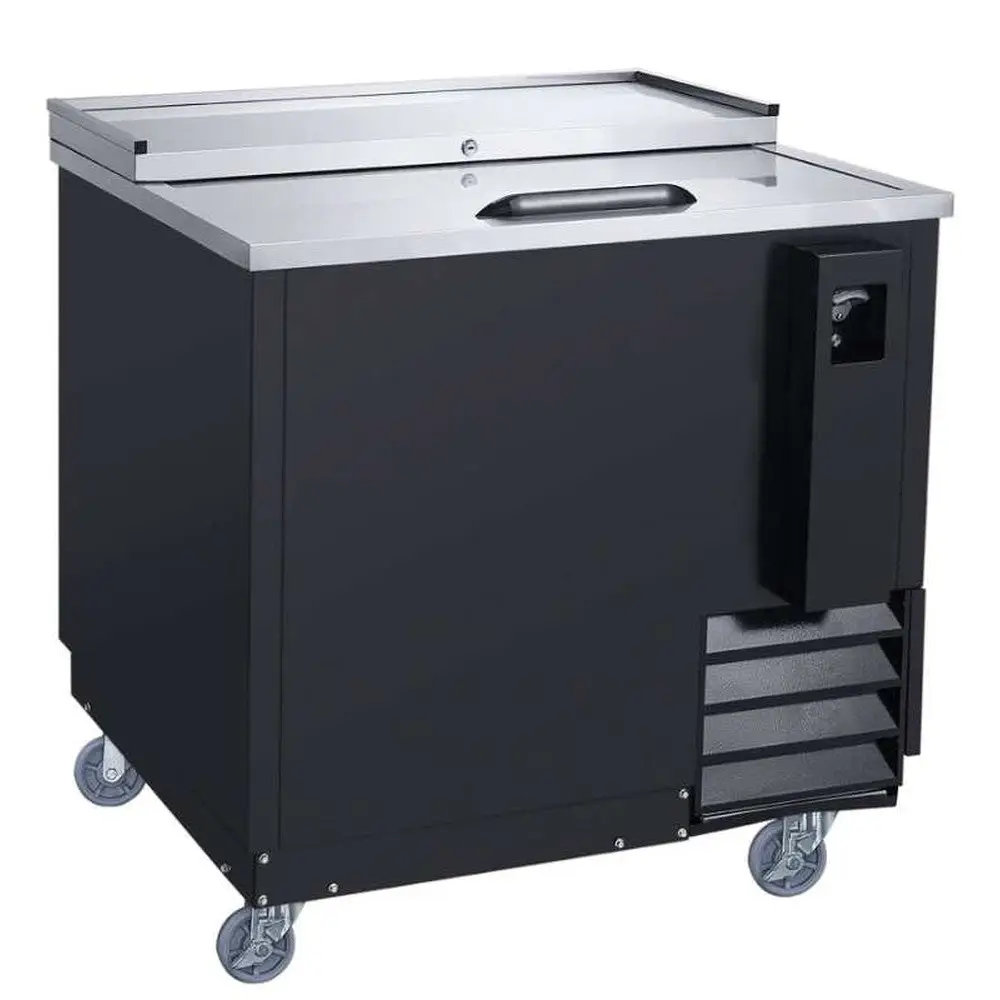 DUKERS 36 INCH SLIDE TOP BOTTLE COOLER ON CASTERS WITH 7.87 CUBIC FOOT CAPACITY CAPACITY - ETL APPROVED