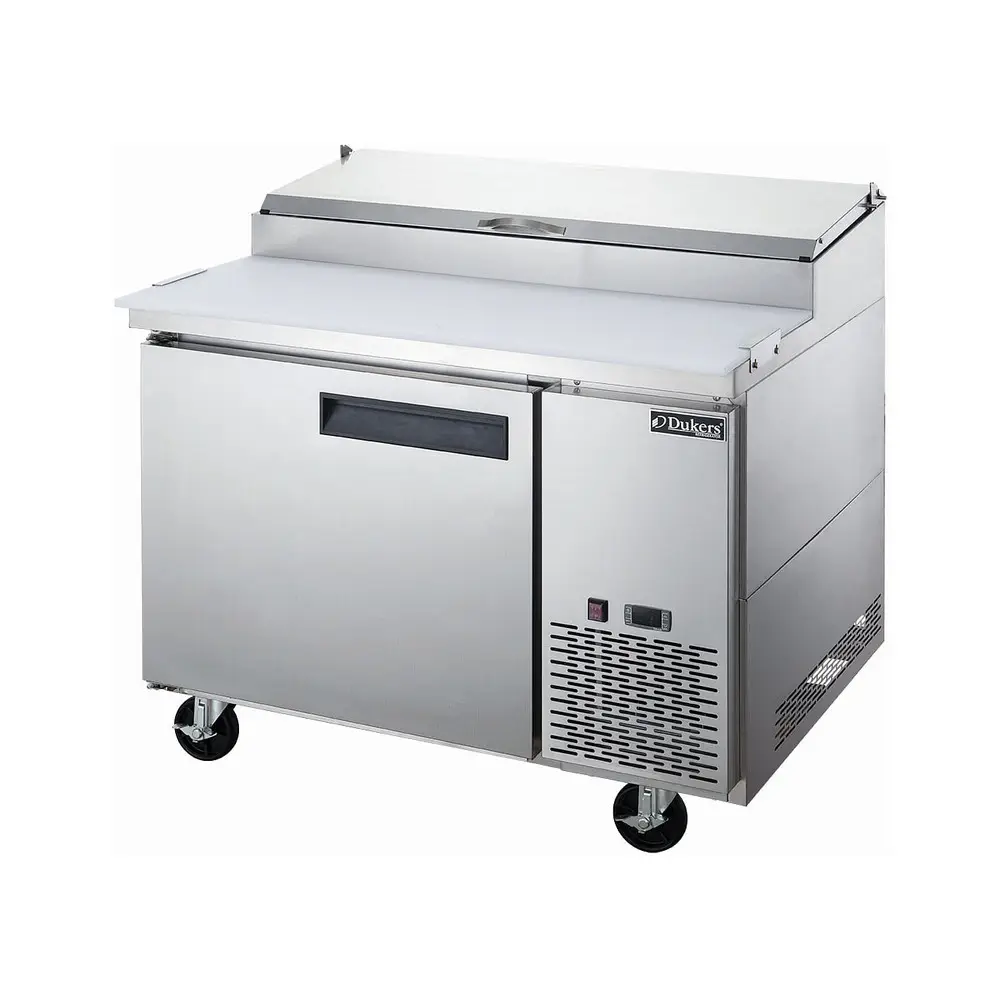 DUKERS 44 INCH REFRIGERATED PIZZA PREP TABLE ON CASTERS WITH 9.87 CUBIC FOOT CAPACITY; 1 DOOR; AND 1 HINGED LID - FITS 6 THIRD SIZE PANS - ETL APPROVED