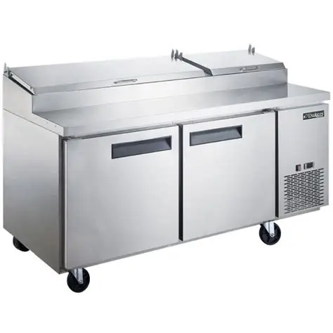 DUKERS 70 INCH REFRIGERATED PIZZA PREP TABLE ON CASTERS WITH 17.58 CUBIC FOOT CAPACITY; 2 DOORS; AND 2 HINGED LIDS - FITS 9 THIRD SIZE PANS - ETL APPROVED