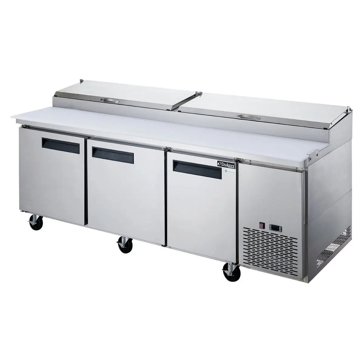 DUKERS 90 INCH REFRIGERATED PIZZA PREP TABLE ON CASTERS WITH 24.89 CUBIC FOOT CAPACITY; 3 DOORS; AND 2 HINGED LIDS - FITS 12 THIRD SIZE PANS - ETL APPROVED