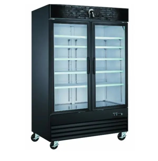 DUKERS 2 GLASS DOOR COOLER MERCHANDISER ON CASTERS WITH 33.55 CUBIC FOOT CAPACITY AND BOTTOM MOUNT COMPRESSOR - ETL APPROVED