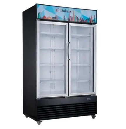 DUKERS 2 GLASS DOOR COOLER MERCHANDISER ON CASTERS WITH 41.28 CUBIC FOOT CAPACITY AND BOTTOM MOUNT COMPRESSOR - ETL APPROVED