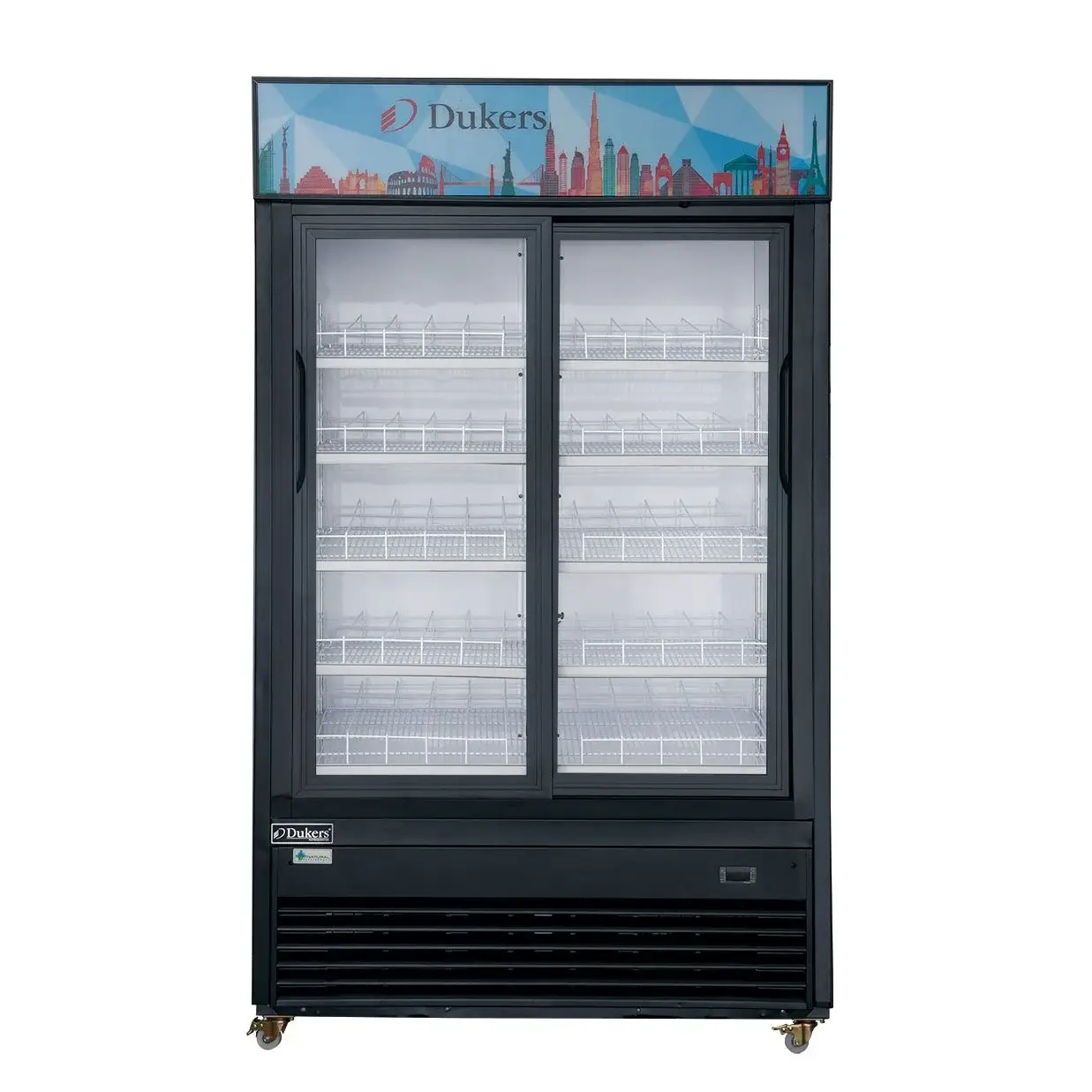 DUKERS 2 SLIDING GLASS DOOR COOLER MERCHANDISER ON CASTERS WITH 47.67 CUBIC FOOT CAPACITY AND BOTTOM MOUNT COMPRESSOR - ETL APPROVED