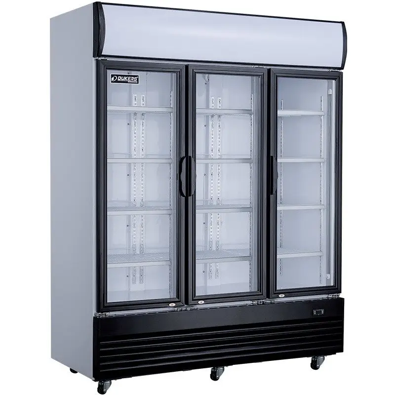 DUKERS 3 SLIDING GLASS DOOR COOLER MERCHANDISER ON CASTERS WITH 69 CUBIC FOOT CAPACITY AND BOTTOM MOUNT COMPRESSOR - ETL APPROVED