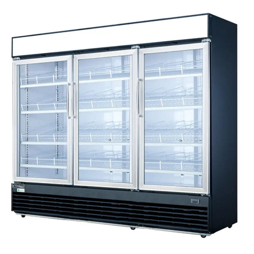 DUKERS 3 GLASS DOOR COOLER MERCHANDISER ON CASTERS WITH 69.43 CUBIC FOOT CAPACITY AND BOTTOM MOUNT COMPRESSOR - ETL APPROVED