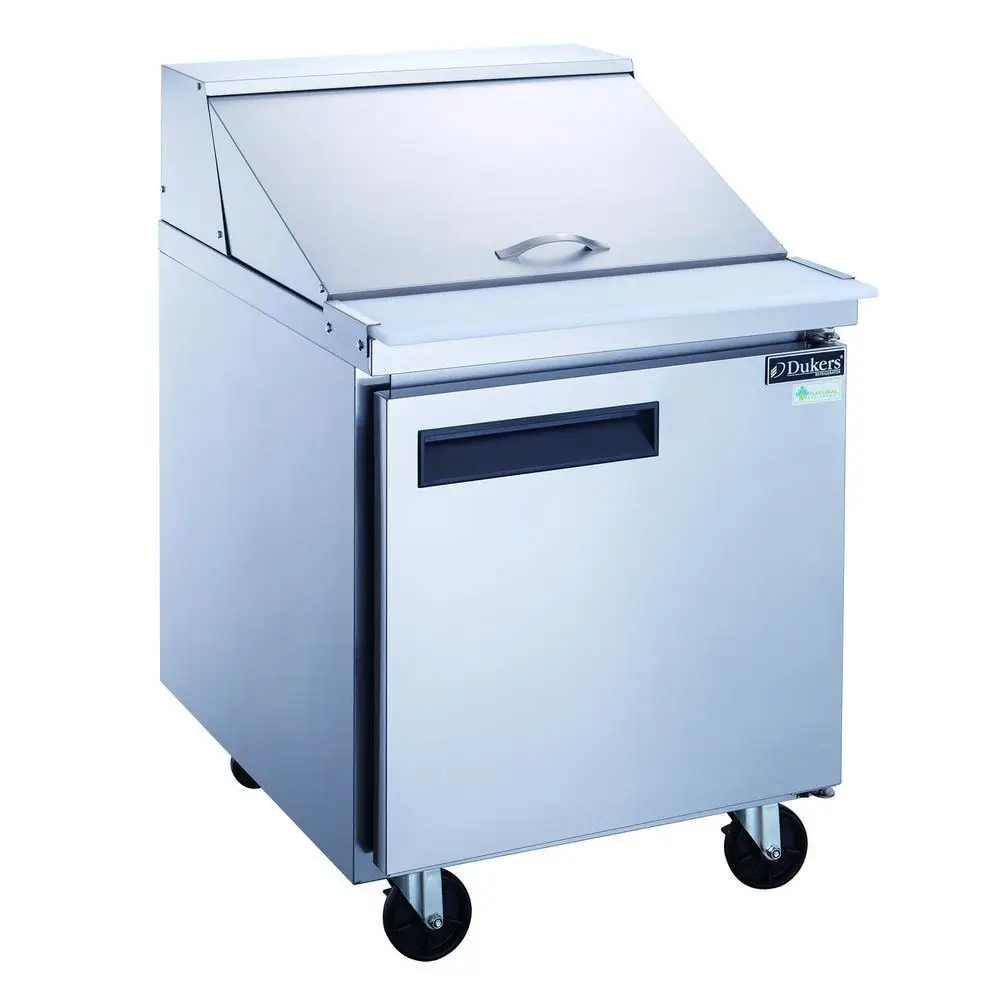 DUKERS 29 INCH MEGA TOP REFRIGERATED SANDWICH PREP TABLE ON CASTERS WITH 6.56 CUBIC FOOT CAPACITY - FITS 12 SIXTH SIZE PANS - ETL APPROVED