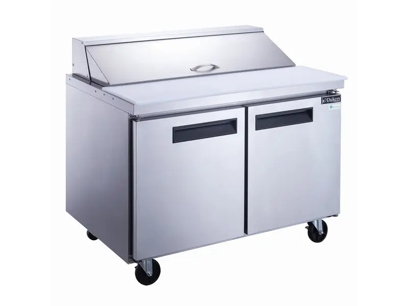 DUKERS 48 INCH REFRIGERATED SANDWICH PREP TABLE ON CASTERS WITH 11.4 CUBIC FOOT CAPACITY AND 2 DOORS BELOW - FITS 12 SIXTH SIZE PANS - ETL APPROVED
