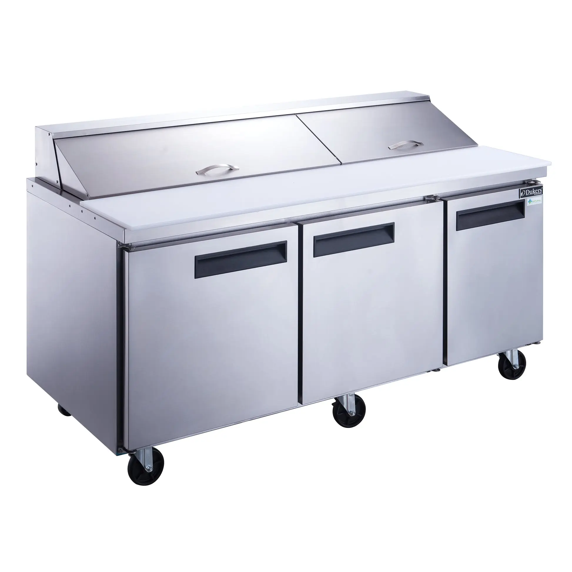 DUKERS 72 INCH REFRIGERATED SANDWICH PREP TABLE ON CASTERS WITH 17.58 CUBIC FOOT CAPACITY AND 3 DOORS BELOW - FITS 18 SIXTH SIZE PANS - ETL APPROVED