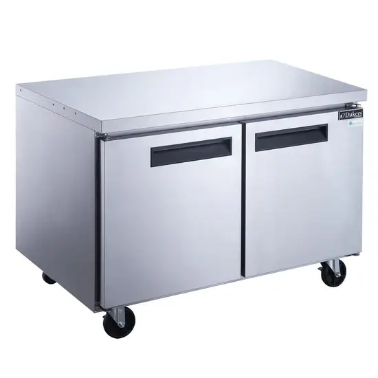DUKERS 2 DOOR UNDERCOUNTER COOLER ON CASTERS WITH 15.53 CUBIC FOOT CAPACITY AND STAINLESS STEEL WORK TOP - ETL APPROVED