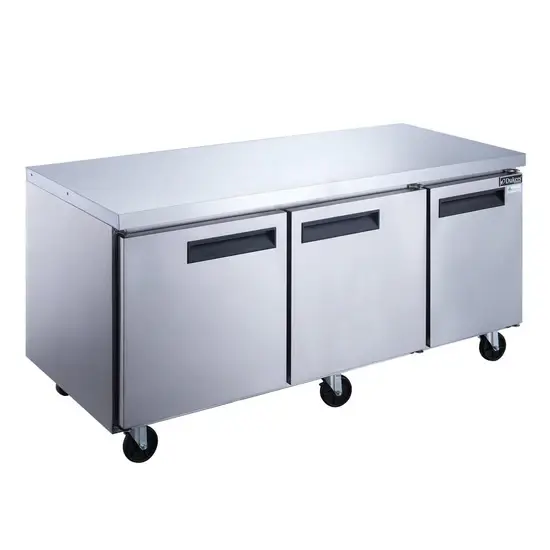 DUKERS 3 DOOR UNDERCOUNTER COOLER ON CASTERS WITH 18.96 CUBIC FOOT CAPACITY AND STAINLESS STEEL WORK TOP - ETL APPROVED