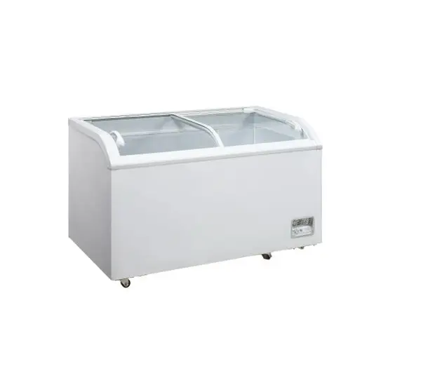 DUKERS 56 INCH CHEST FREEZER ON CASTERS WITH CURVED SLIDING GLASS LIDS AND 17.66 CUBIC FOOT CAPACITY - ETL APPROVED