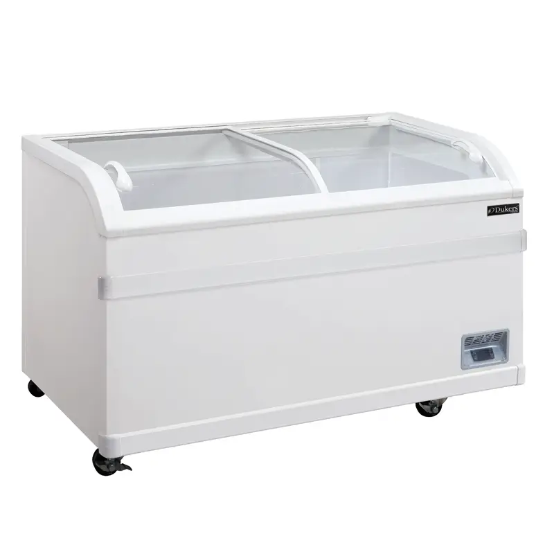 DUKERS 79 INCH CHEST FREEZER ON CASTERS WITH CURVED SLIDING GLASS LIDS AND 24.72 CUBIC FOOT CAPACITY - ETL APPROVED