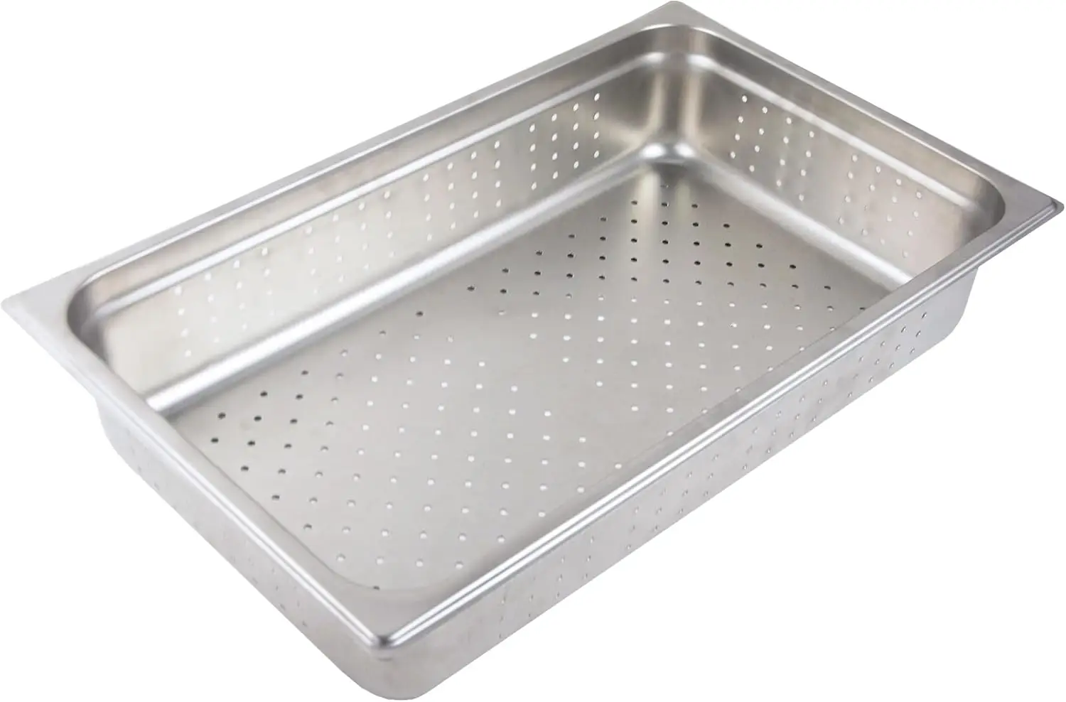 STEAM TABLE PAN FULL SIZE 15 QT CAP 12IN X 20IN 4IN DEEP PERFORATED CRIMPED EDGE TAPERED SIDES ANTI-JAM 18-8 STAINLESS STEEL 22 GAUGE NSF ANTI-JAM STYLE