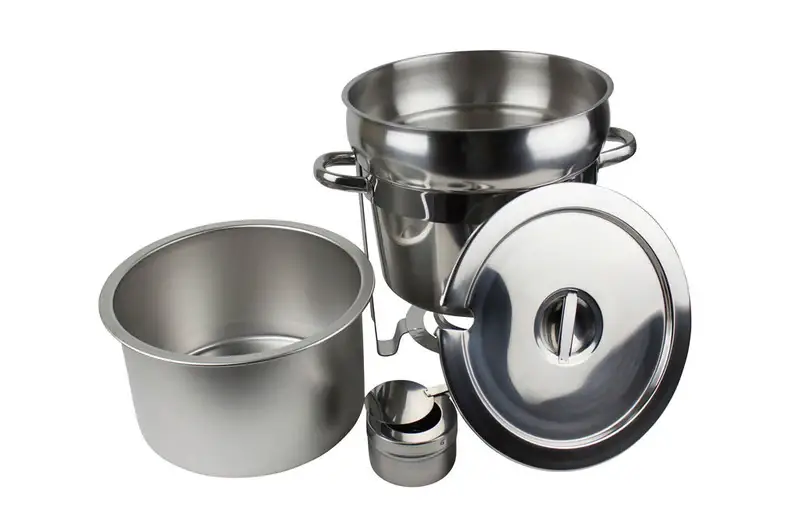 STAINLESS STEEL 7 QT INSET SOUP CHAFER WITH WATER PAN; 7 QT INSET; NOTCHED COVER; AND FUEL HOLDER