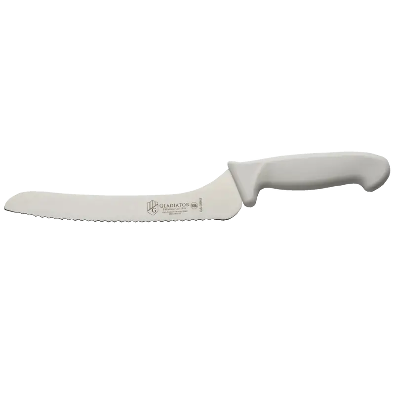 9 INCH OFFSET BREAD KNIFE WITH SERRATED EDGE AND WHITE POLYPROPYLENE HANDLE