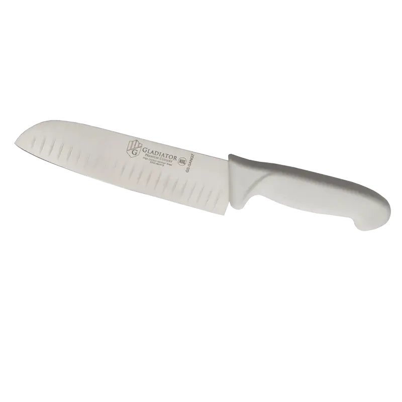 7 INCH SANTOKU KNIFE WITH GRANTON EDGE AND WHITE POLYPROPYLENE HANDLE