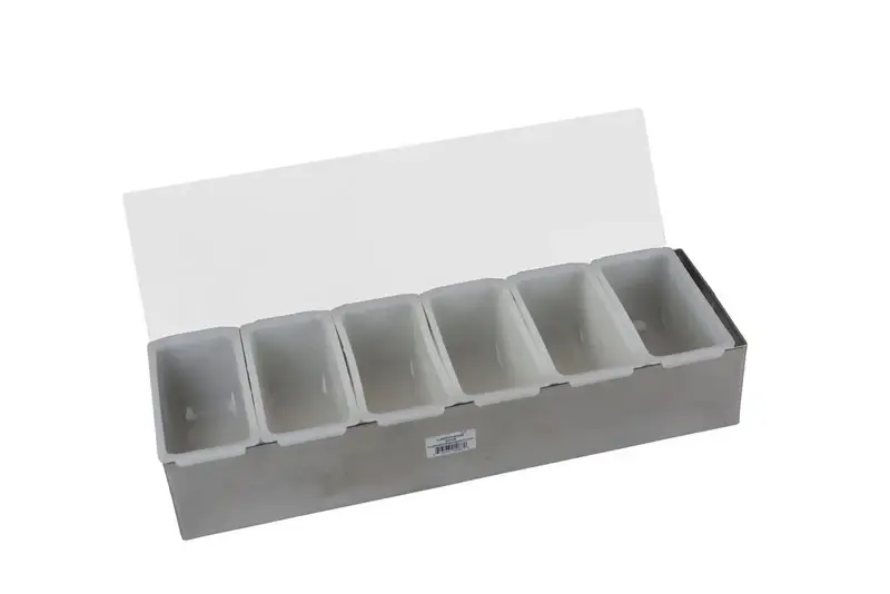 STAINLESS STEEL 6 COMPARTMENT CONDIMENT CADDY WITH HINGED POLYCARBONATE LID AND INSERTS