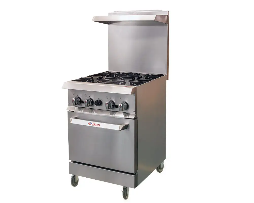 IKON 4 BURNER RANGE ON CASTERS WITH STAINLESS STEEL OVERSHELF AND STANDARD OVEN - COMES WITH CONVERSION KIT - ETL APPROVED