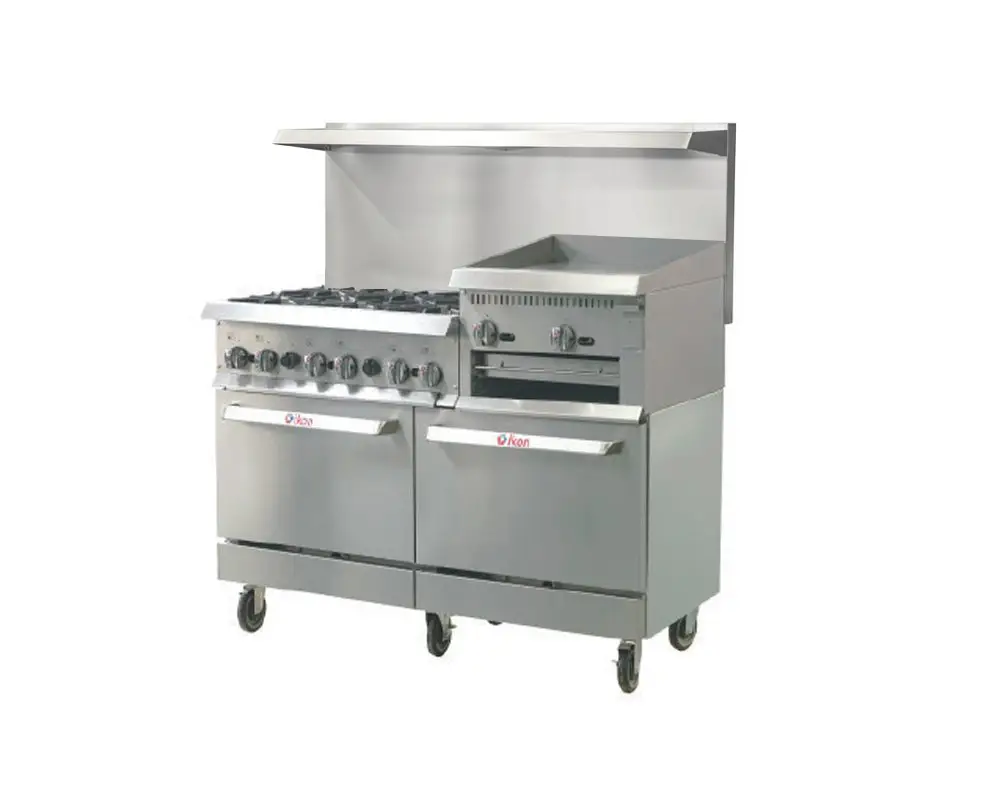 IKON 6 BURNER RANGE ON CASTERS WITH 24 INCH STEP UP GRIDDLE ON RIGHT; STAINLESS STEEL OVERSHELF; AND 2 STANDARD OVENS - COMES WITH CONVERSION KIT - ETL APPROVED