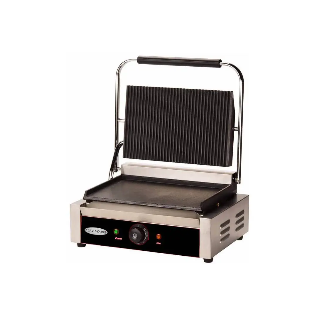 SERV-WARE ELECTRIC PANINI GRILL WITH GROOVED CAST IRON PLATES AND 13 X 9 INCH COOKING SURFACE