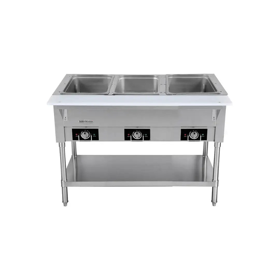 SERV-WARE 3 WELL STEAM TABLE WITH DETACHABLE CUTTING BOARD AND STAINLESS STEEL UNDERSHELF