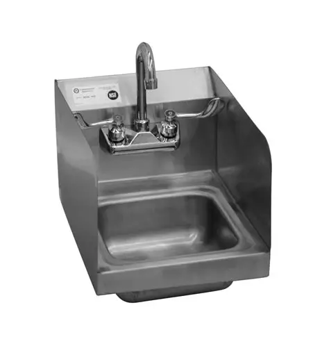 12 INCH STAINLESS STEEL WALL MOUNT HAND SINK WITH 8 INCH BACK AND SIDE SPLASHES - COMES WITH GOOSENECK FAUCET - NSF APPROVED