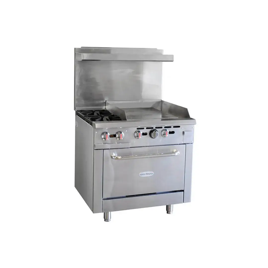SERV-WARE 2 BURNER RANGE WITH 24 INCH GRIDDLE ON RIGHT; STAINLESS STEEL OVERSHELF; AND STANDARD OVEN - COMES WITH CONVERSION KIT - ETL APPROVED