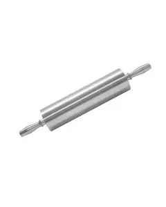 18 INCH ALUMINUM ROLLING PIN WITH 3 INCH BARREL; 4 INCH HANDLES; AND BALL BEARINGS
