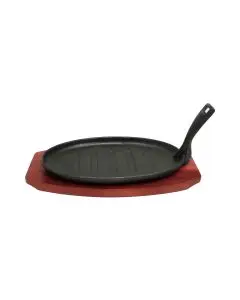 CAST IRON SIZZLING PLATTER - 3 PIECE SET COMES WITH CAST IRON GRIDDLE; WOOD UNDER-LINER; AND GRIPPER