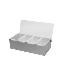 STAINLESS STEEL 4 COMPARTMENT CONDIMENT CADDY WITH HINGED POLYCARBONATE LID AND INSERTS