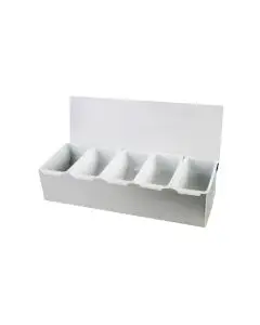 STAINLESS STEEL 5 COMPARTMENT CONDIMENT CADDY WITH HINGED POLYCARBONATE LID AND INSERTS
