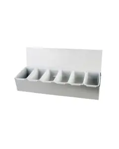 STAINLESS STEEL 6 COMPARTMENT CONDIMENT CADDY WITH HINGED POLYCARBONATE LID AND INSERTS