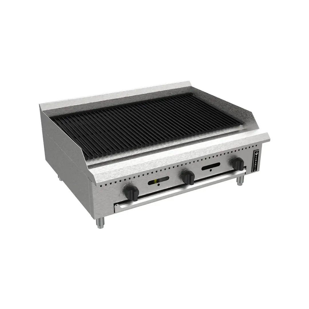 VENANCIO PRIME SERIES 36 INCH COUNTERTOP RADIANT CHAR BROILER WITH 3 BURNERS AND SPLASH GUARDS - 90000  BTU - NATURAL GAS