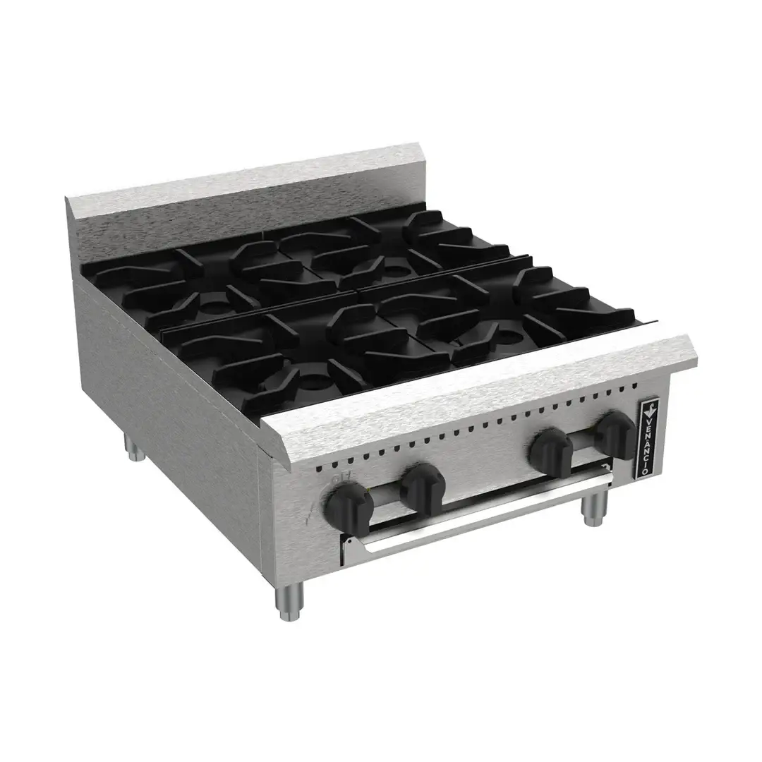 VENANCIO PRIME SERIES 4 BURNER COUNTERTOP HOT PLATE WITH BACKSPLASH - 112000 BTU - NATURAL GAS