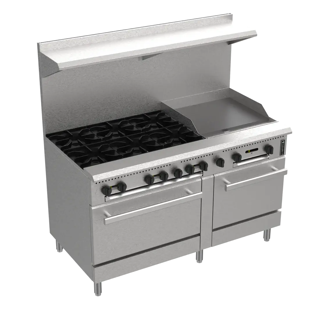 VENANCIO PRIME SERIES 6 BURNER RANGE WITH 24 INCH GRIDDLE ON RIGHT; STAINLESS STEEL OVERSHELF; 1 STANDARD OVEN; AND 1 SPACE SAVER OVEN